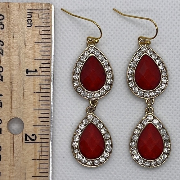 Red Pear Shape Two Tiered Drop Dangle Earrings with Rhinestone Paver Surrounding - Picture 3 of 4